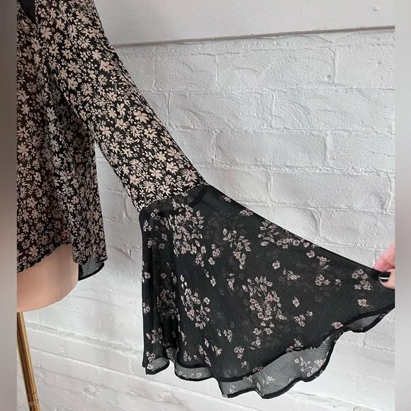 FreePeople Serena Black Floral Blouse Sheer Button Up Ditzy Cottage Witch Size M - Picture 11 of 16